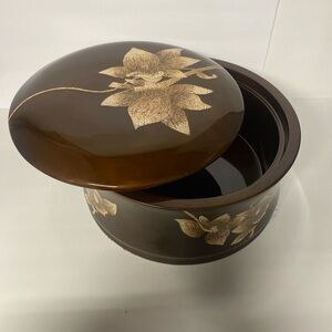Vintage Resin Lacquerware Lidded Bowl Brown & Gold Floral 10.5”